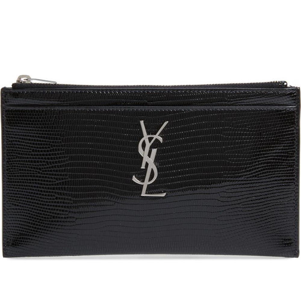 NWT SAINT LAURENT Lizard Embossed Leather Zip Pouch In Noir, no longer made!